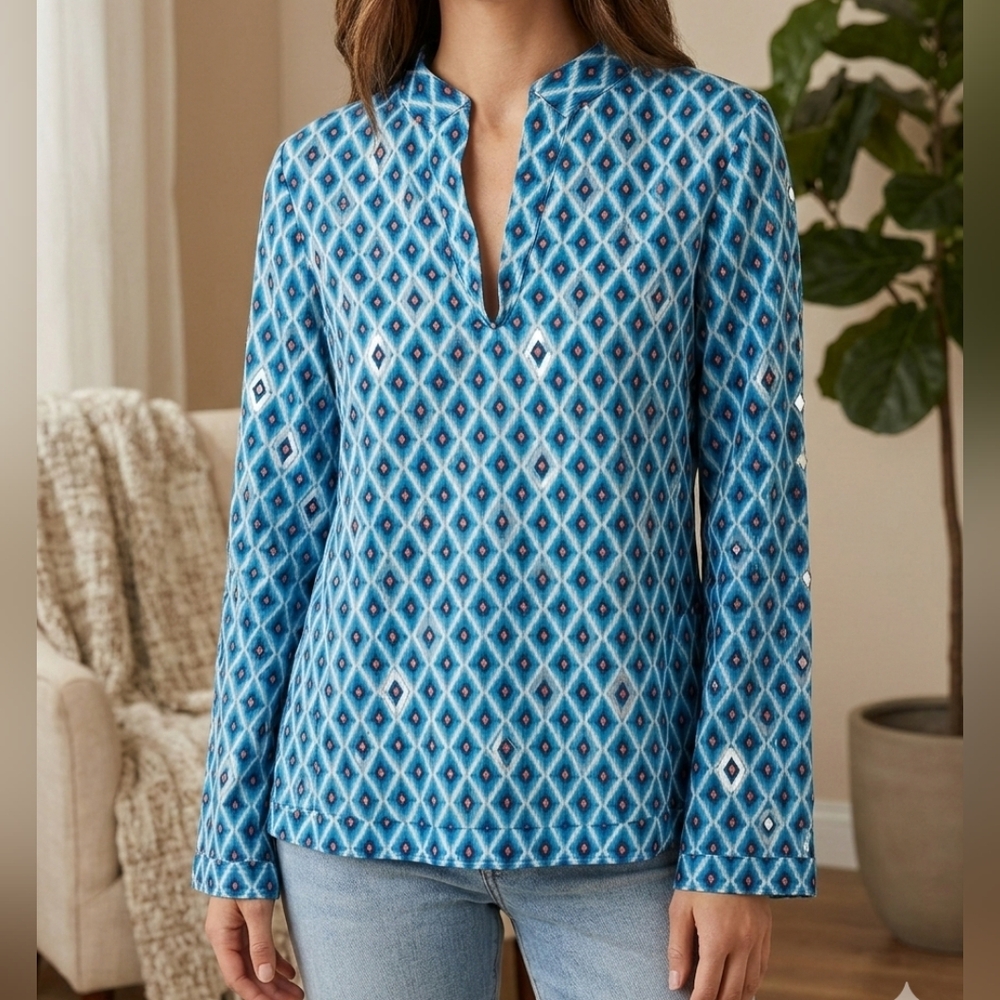 Tory Burch Blue Ikat Geometric Diamond Tunic Top Mirrored Accents Size 4